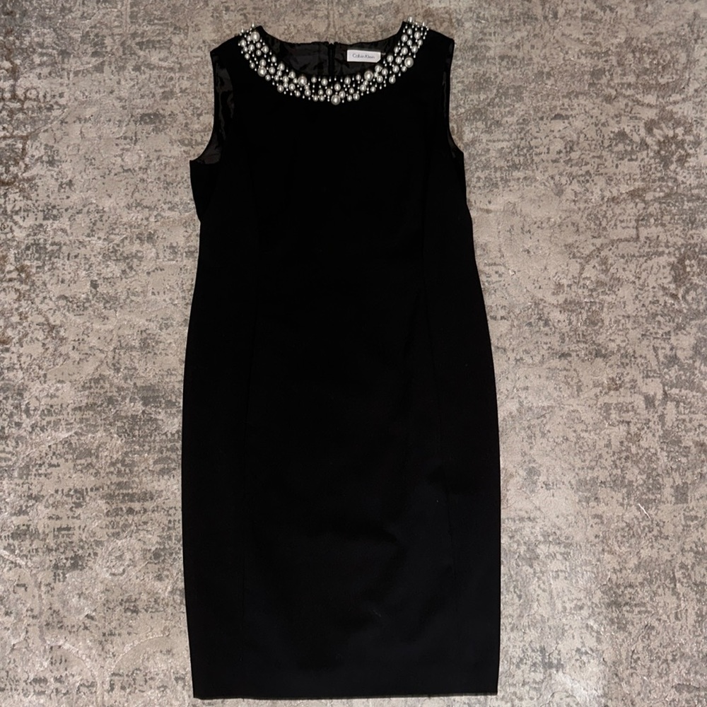 Size 10 petite Calvin Klein black dress with pearl neck detailed